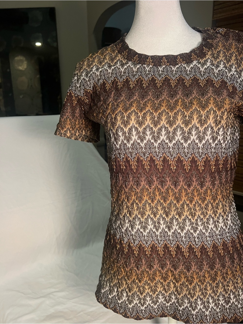 Karen Kane Lifestyle Metallic Jacquard Knit Top Brown Gold M